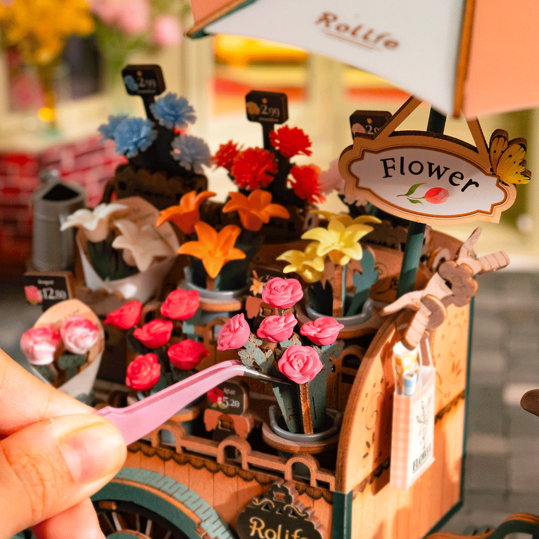 Rolife Blossom Cart DIY Miniatyr Blomstervagn i Trä 3D Pussel
