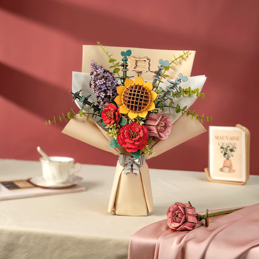 Rowood Träblommor DIY Bukett med Solros, Ros & Kamelia