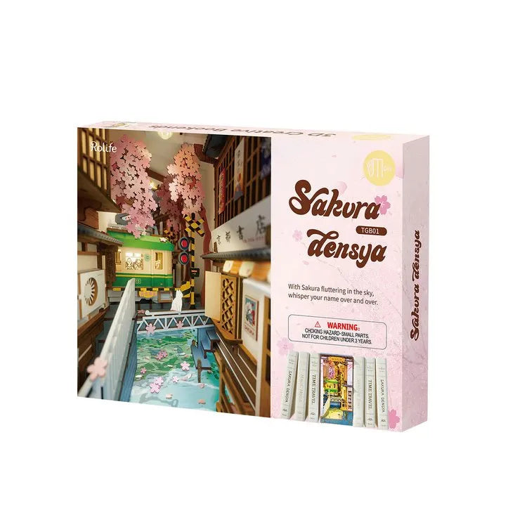 Rolife Sakura Densya DIY 3D Bokhylla Miniatyr Japansk Boknook med LED-ljus