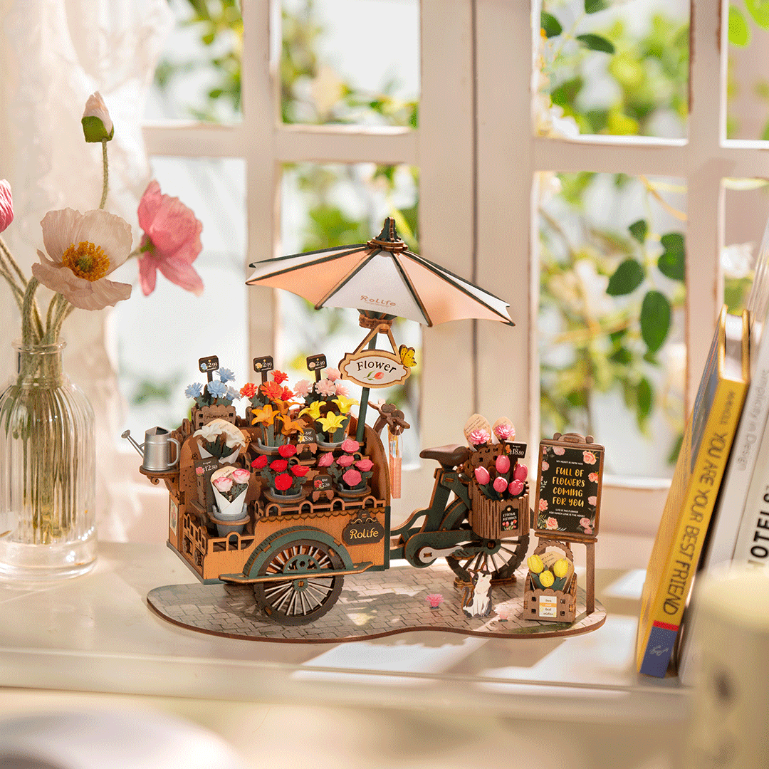 Rolife Blossom Cart DIY Miniatyr Blomstervagn i Trä 3D Pussel