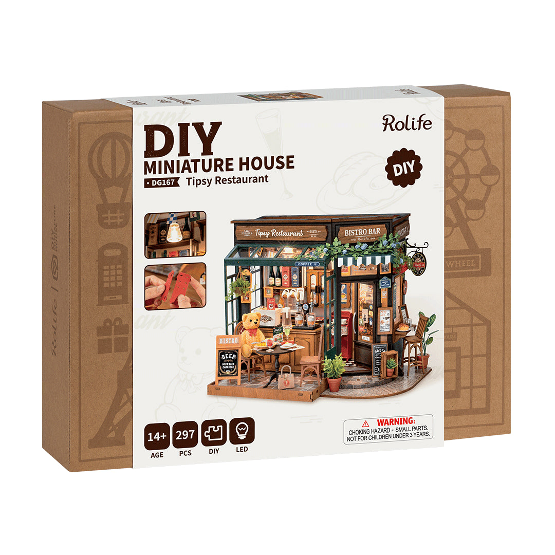 Rolife Tipsy Restaurant DIY Miniatyrhus Mysig Bistro med Trädelar & Dekor