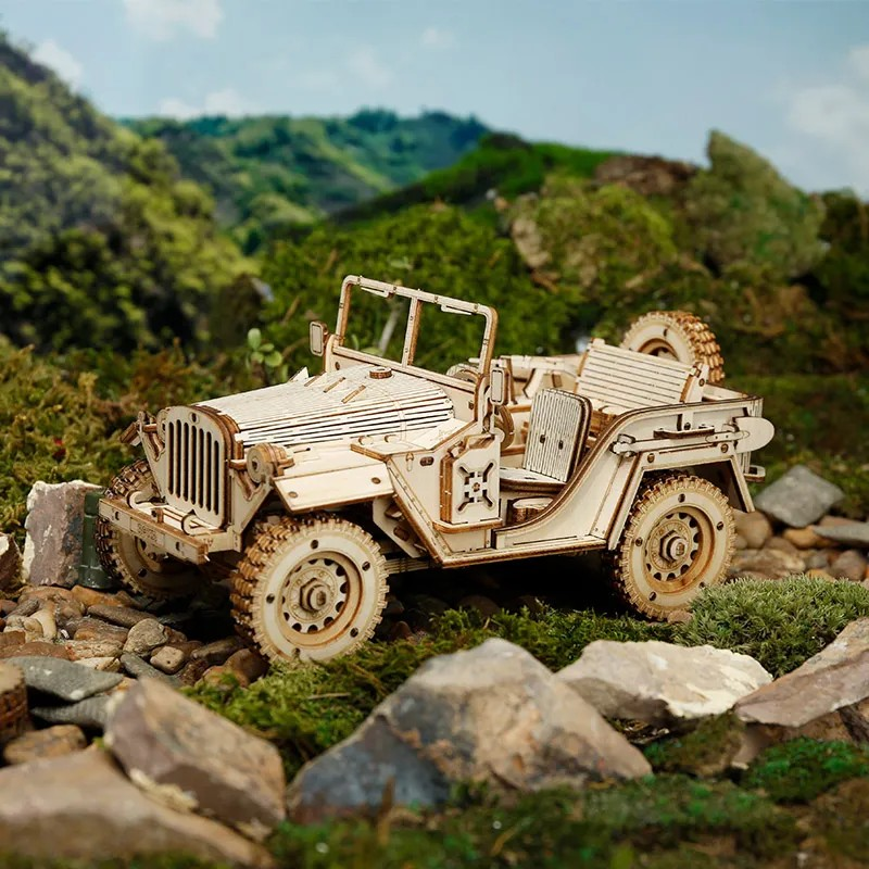 ROKR Army Field Car 3D Träpussel Militärbil att Bygga Själv i Trä