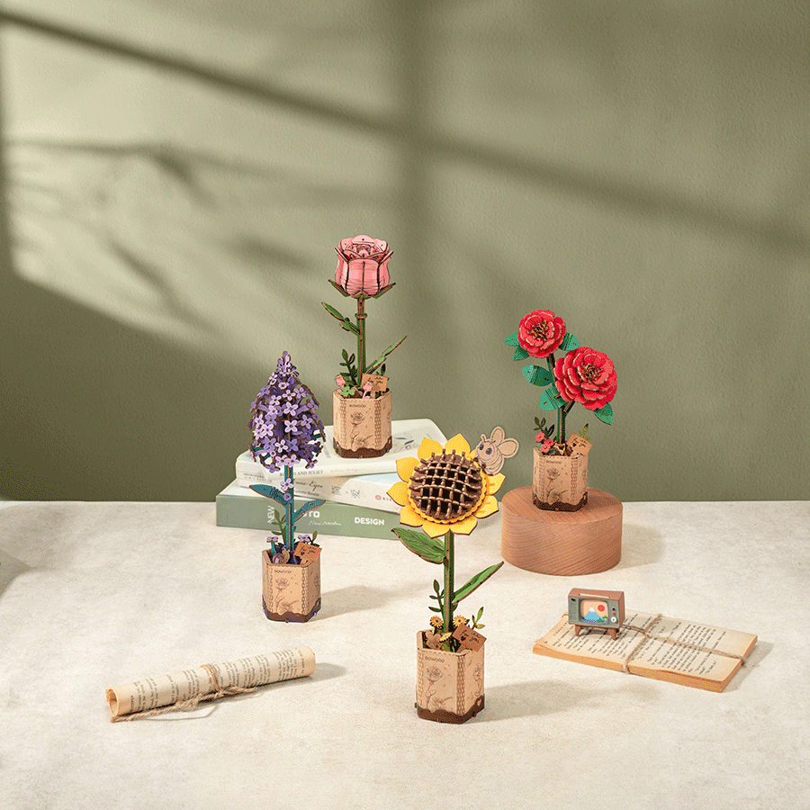 Rowood Wooden Flowers DIY Kit med Färdiga Färger Träblommor i Bukett