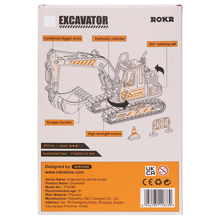 ROKR Excavator 3D Träpussel Byggbar Grävmaskinsmodell för Barn & Vuxna