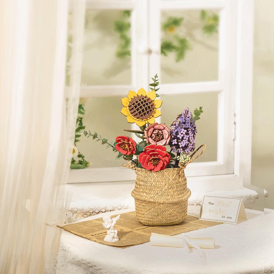 Rowood Träblommor DIY Bukett med Solros, Ros & Kamelia