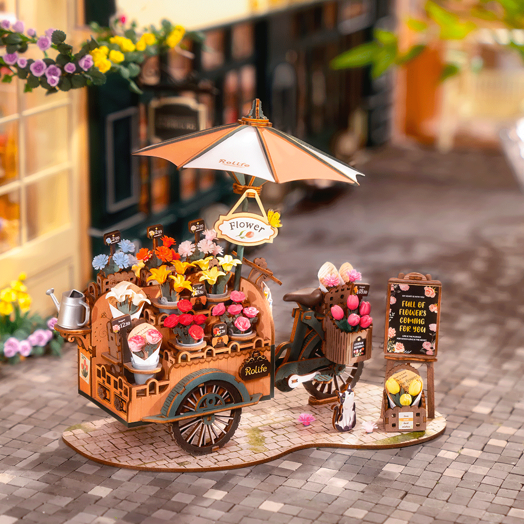 Rolife Blossom Cart DIY Miniatyr Blomstervagn i Trä 3D Pussel