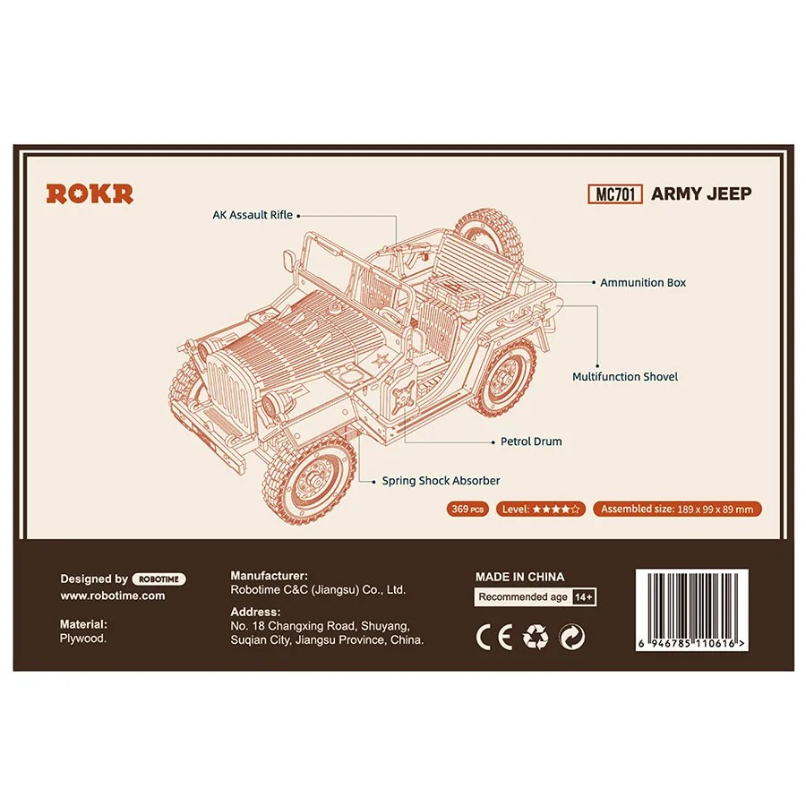ROKR Army Field Car 3D Träpussel Militärbil att Bygga Själv i Trä