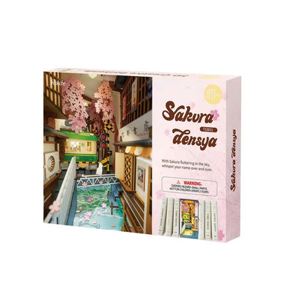 Rolife Sakura Densya DIY 3D Bokhylla Miniatyr Japansk Boknook med LED-ljus