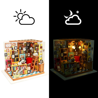 Rolife Sam’s Study Miniatyrhus DIY Bibliotek Dockskåp med Böcker